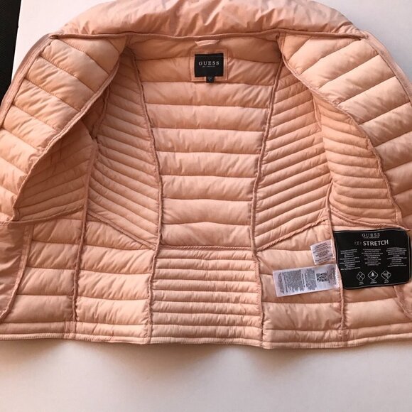 GUESS stretch water/windproof blush pink puffer moto contrasting vegan leather M - Picture 13 of 16